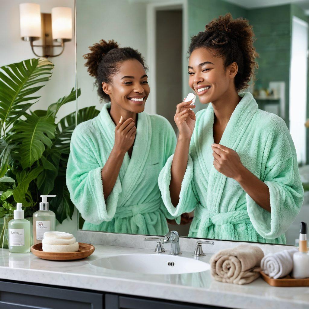 A serene, minimalist bathroom scene bathed in soft, natural light, featuring an assortment of elegant beauty products. A woman in a plush robe is seen smiling while applying a face mask in front of a large mirror with a radiant glow. Lush green plants and fluffy, neatly folded towels add a touch of freshness and self-care indulgence. painting. vibrant colors.
