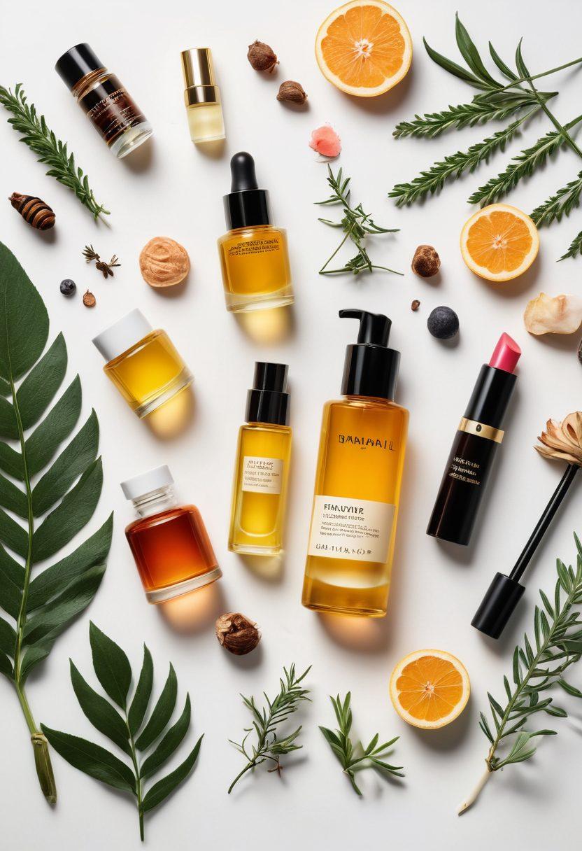 An elegant flat lay of natural beauty products like organic oils and botanical skincare, seamlessly transitioning to luxury items such as high-end makeup and skincare tools. Highlighting texture differences between natural and luxurious elements. super-realistic. vibrant colors. white background.