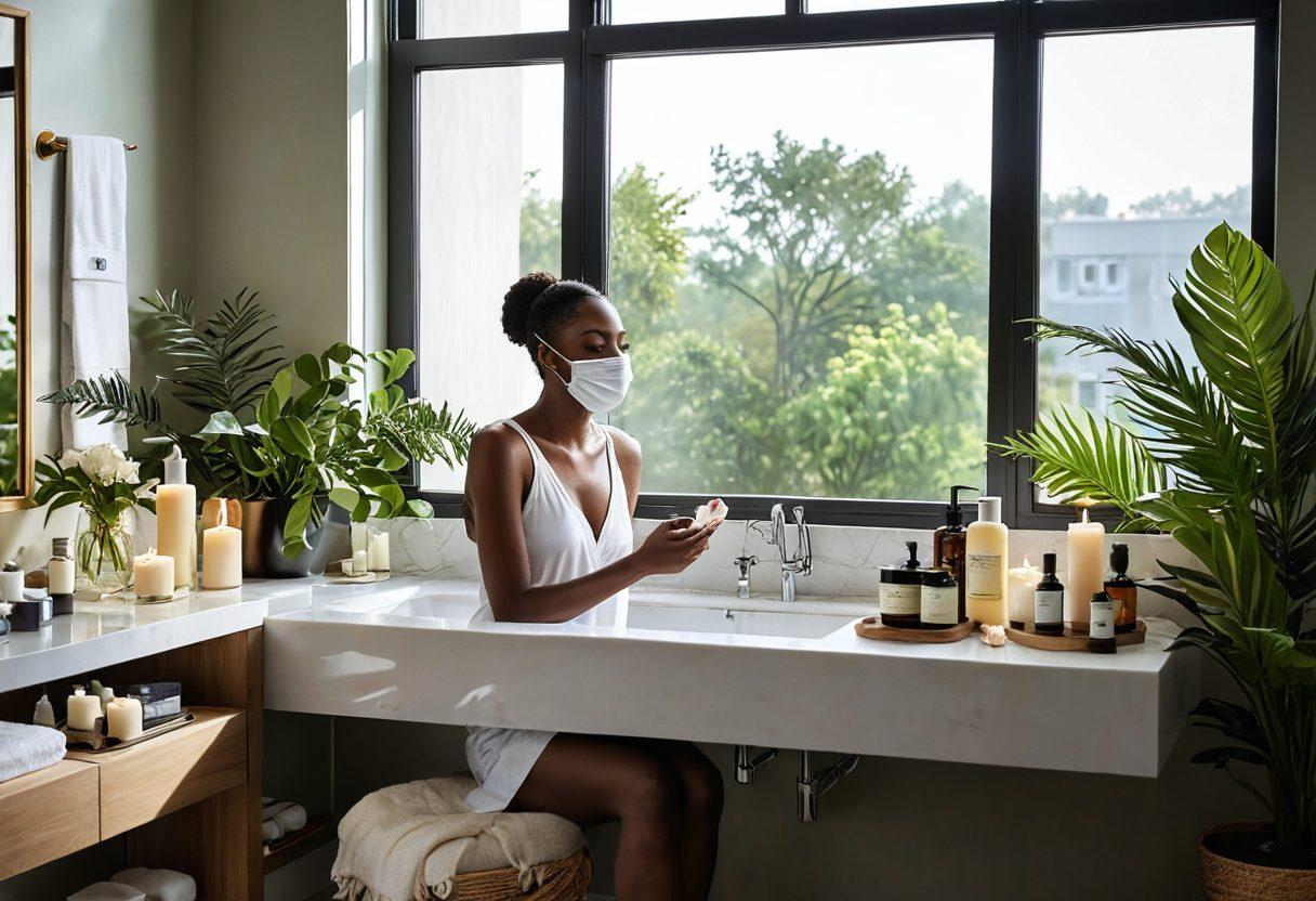 A serene bathroom scene with a beautifully organized vanity showcasing skincare products, makeup essentials, and grooming tools. A person indulging in a face mask, with soft light streaming through the window, highlighting the fresh, rejuvenated feeling. Decorative plants and scented candles adding to the calming atmosphere. super-realistic. vibrant colors. warm and cozy.
